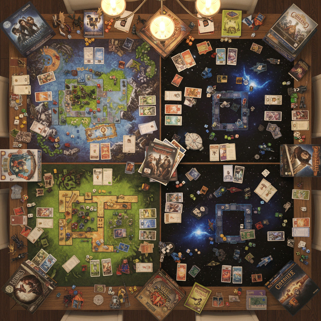 An active tabletop game session with multiple board games, dvd cases, and figurines.